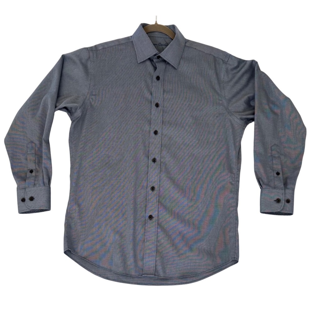 Pierre Cardin Men Casual Button Up Shirt 15 S Blue Gray Micro‎ Check Long Sleeve